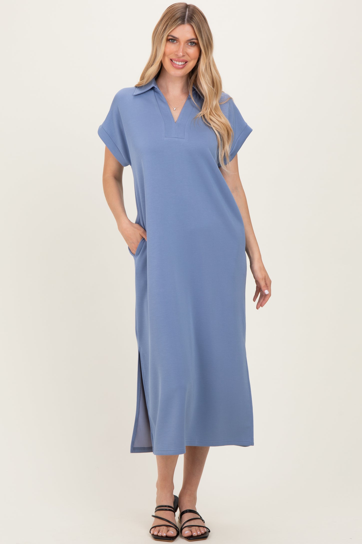 Dusty Blue Collared Short Sleeve Maternity Midi Dress – PinkBlush Dusty Blue Collared Short Sleeve Maternity Midi Dress – PinkBlush