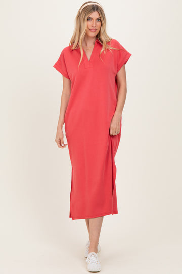 Pink Coral Collared Short Sleeve Midi Dress