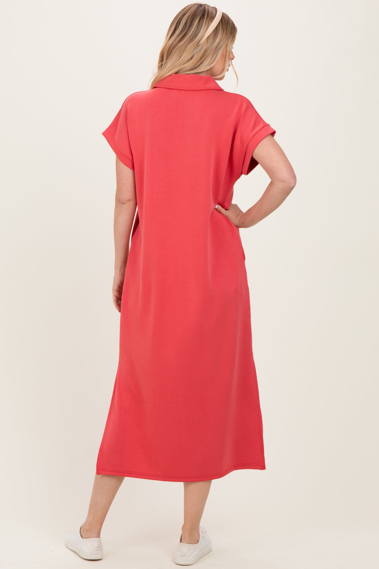 Pink Coral Collared Short Sleeve Midi Dress