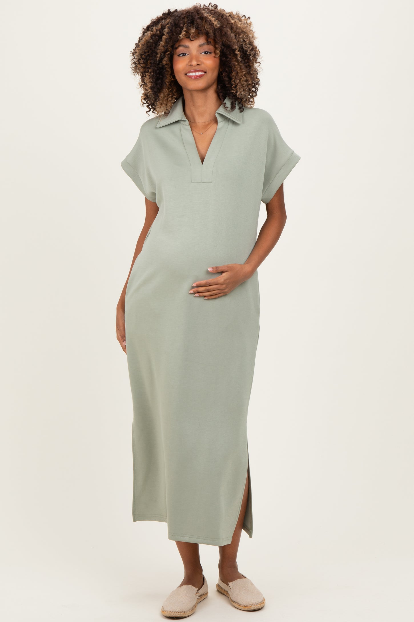 sage green midi dress with sleeves - Short Sleeve Dress - Ruched Dress adjustable side buckle accents at the waist Green Short Sleeve Round Neck