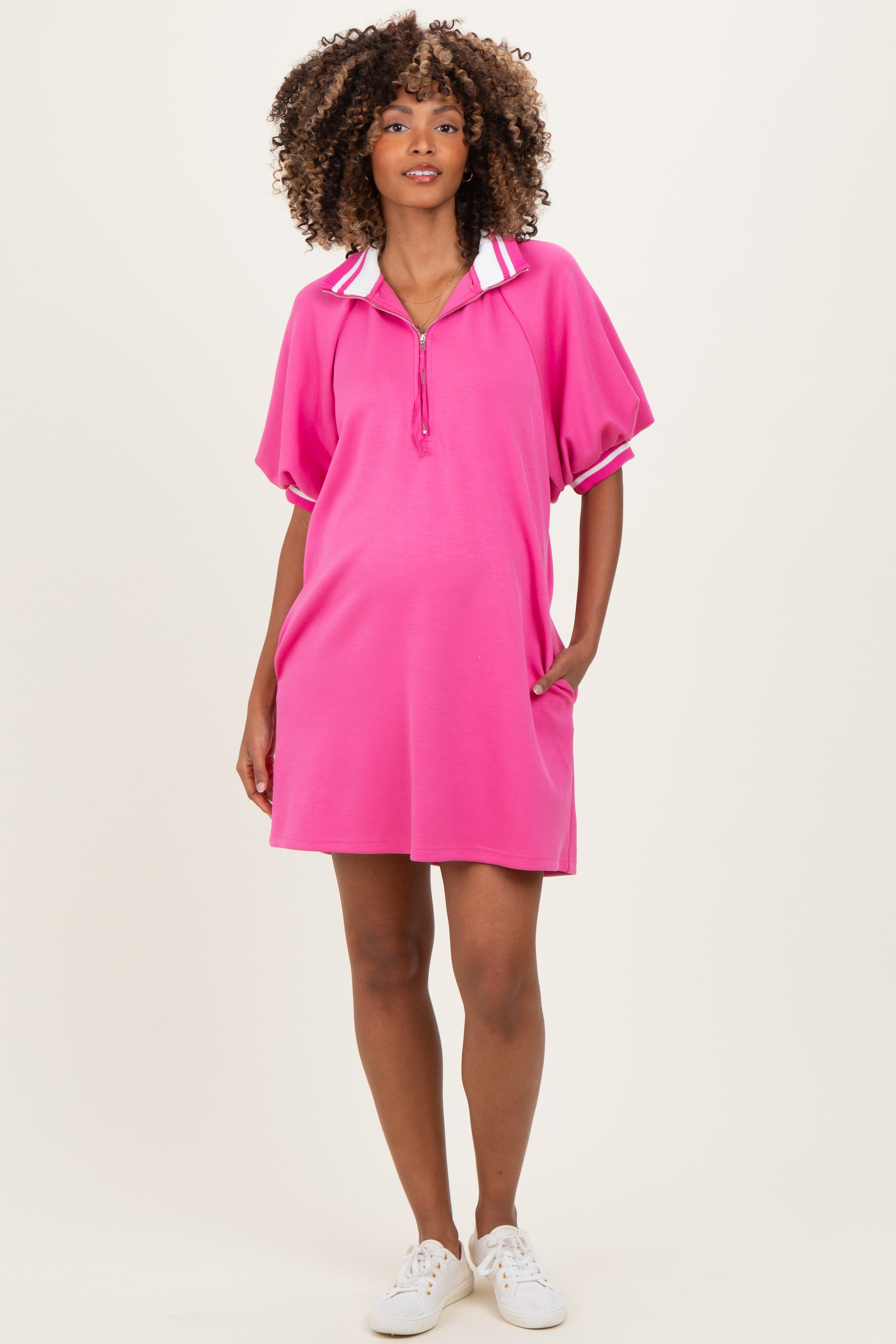 Hot Pink Half Zip Puff Sleeve Maternity Mini Dress – PinkBlush