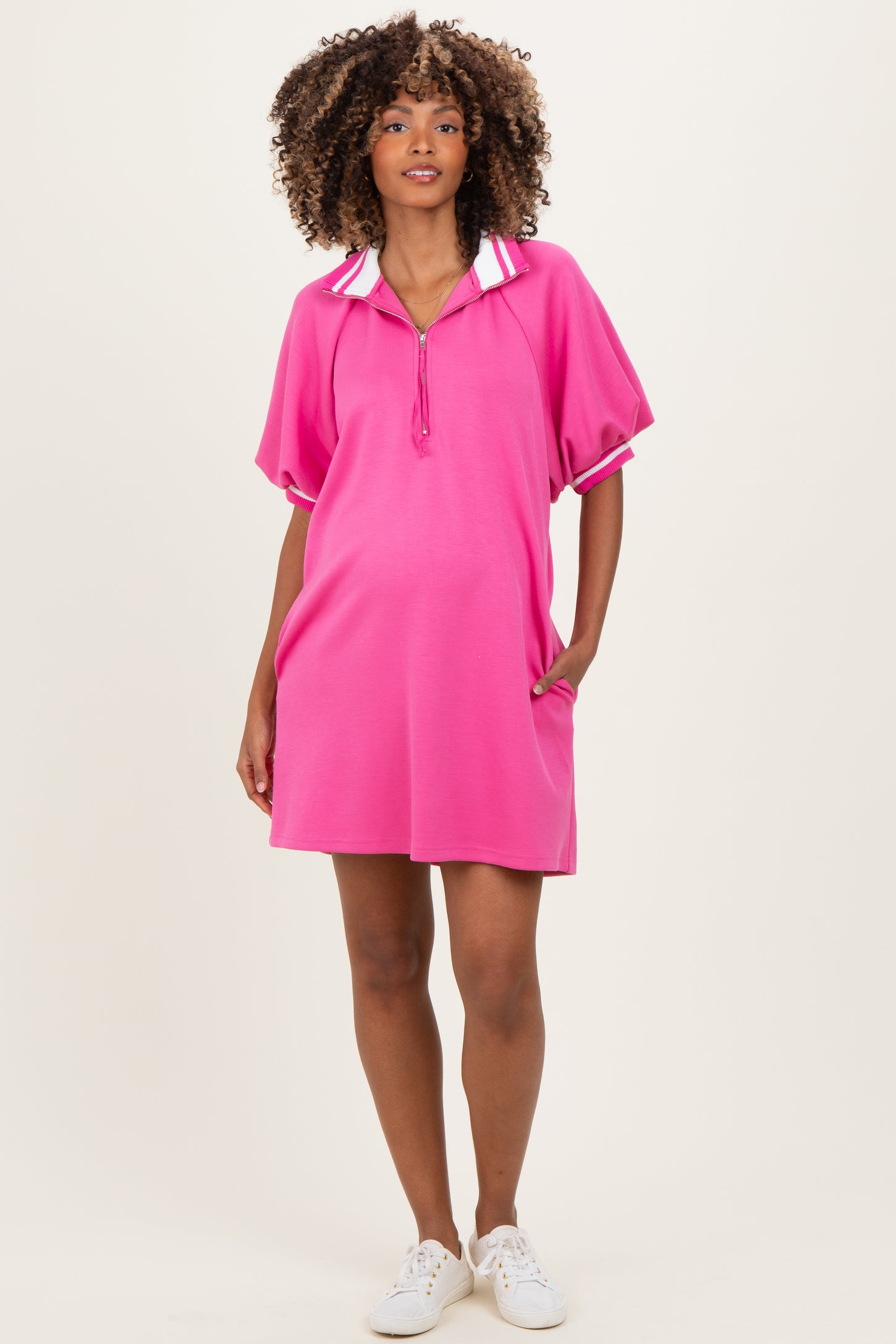nurse mini dress Hot Pink Half Zip Puff Sleeve Maternity Mini Dress