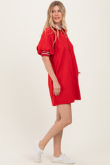 Red Half Zip Puff Sleeve Mini Dress