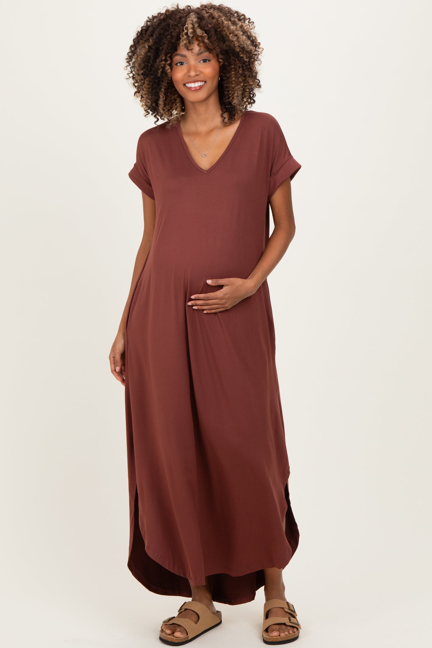 Chocolate Side Slit Maternity Maxi Dress
