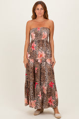 Mocha Animal Print Floral Smocked Strapless Maxi Dress