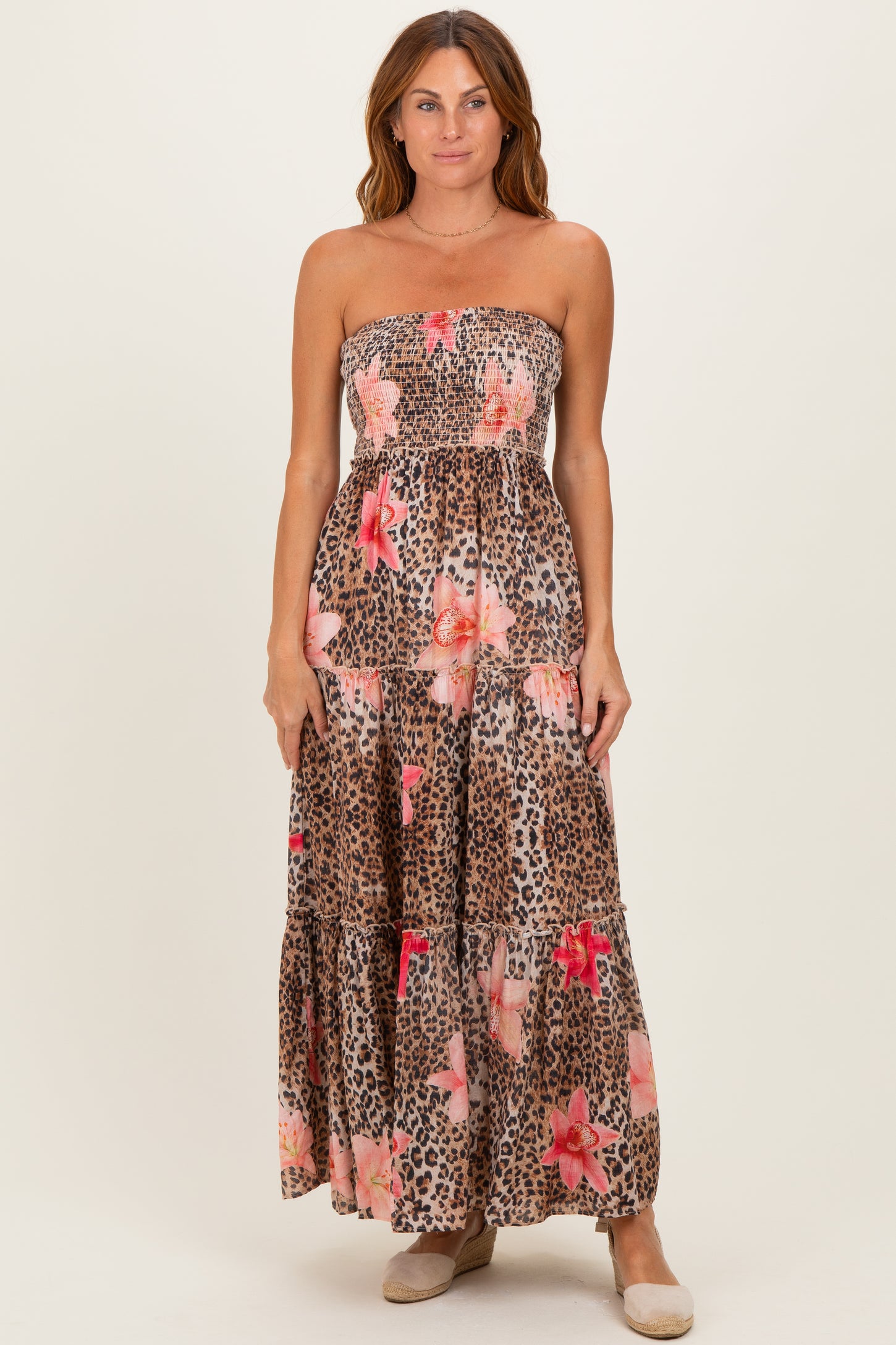 Mocha Animal Print Floral Smocked Strapless Maternity Maxi Dress Mocha Animal Print Floral Smocked Strapless Maternity Maxi Dress