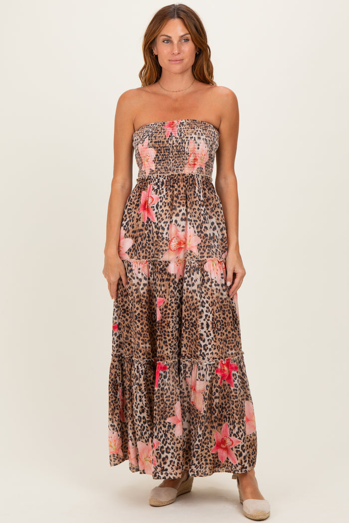 Mocha Animal Print Floral Smocked Strapless Maternity Maxi Dress
