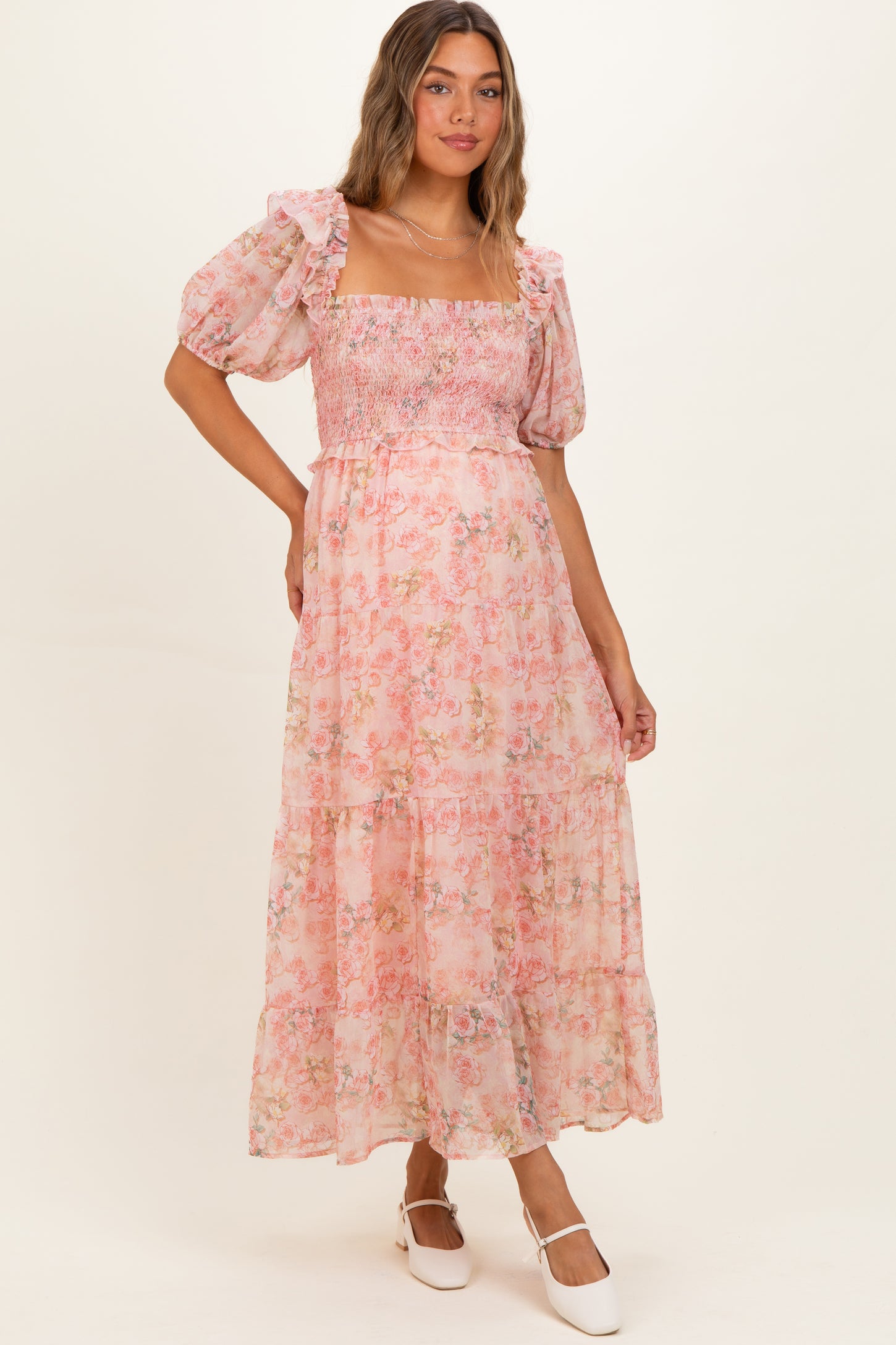 Pink Floral Chiffon Smocked Maternity Maxi Dress – PinkBlush
