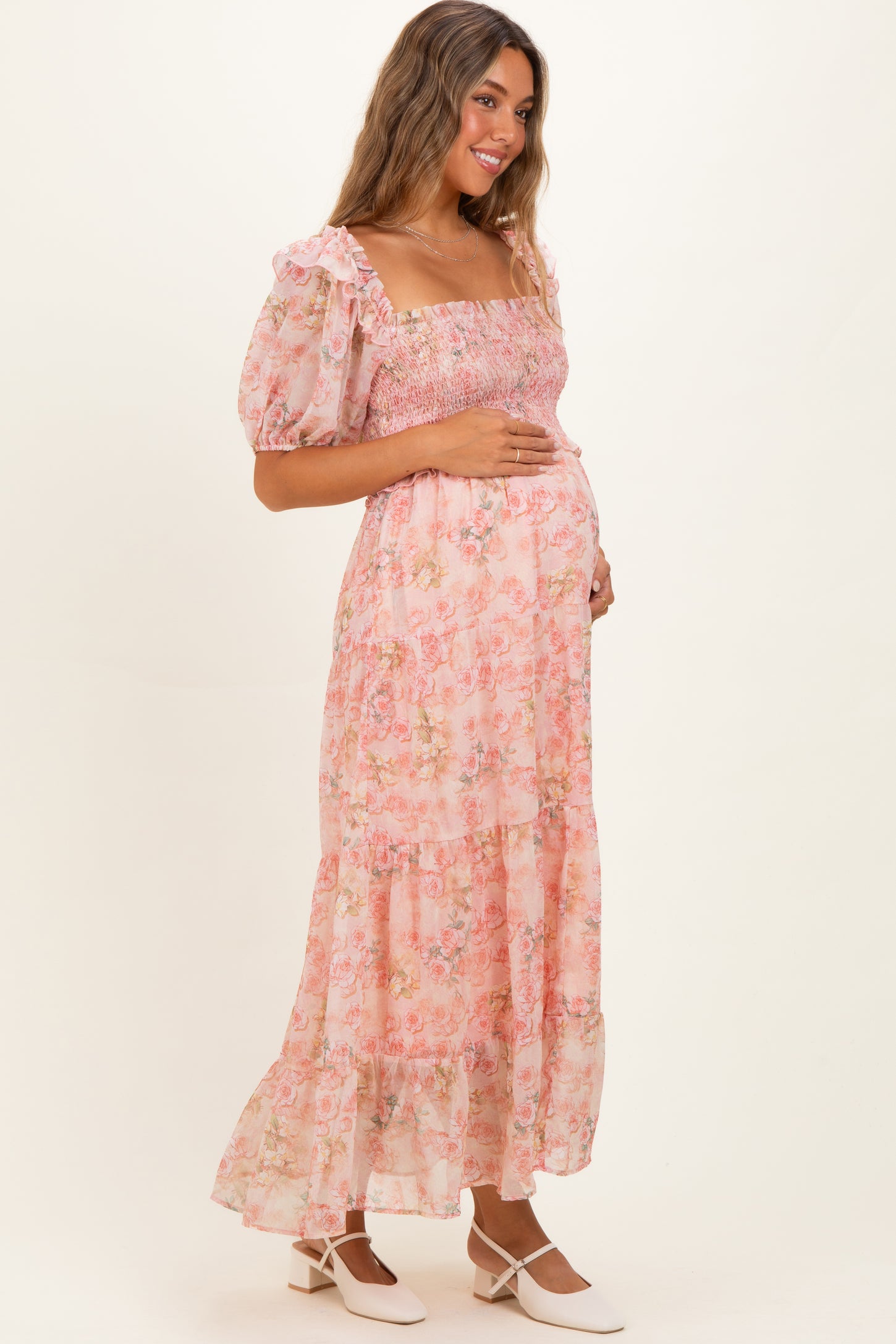 Pink Floral Chiffon Smocked Maternity Maxi Dress