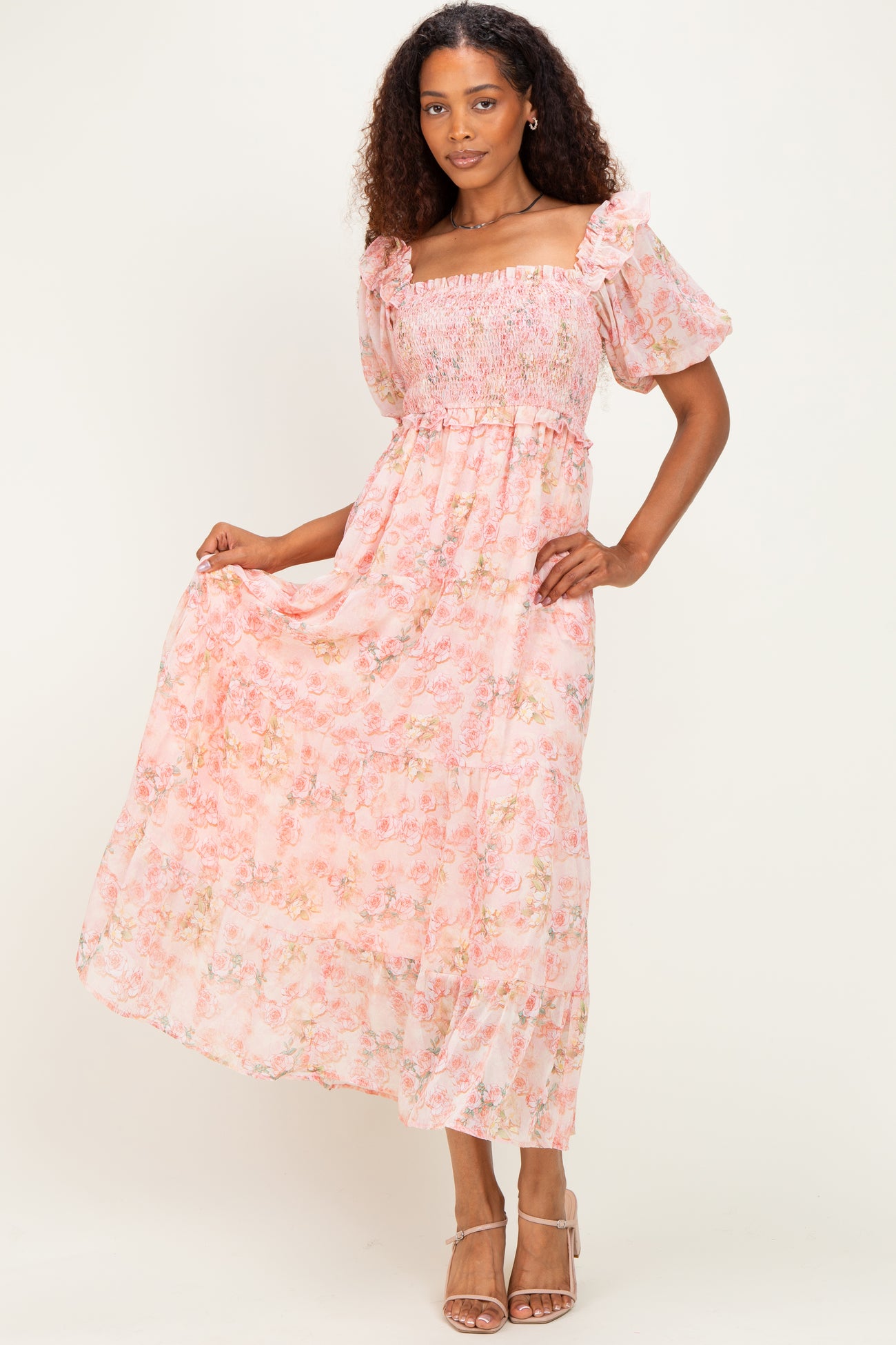 Pink Floral Chiffon Smocked Maternity Maxi Dress – PinkBlush