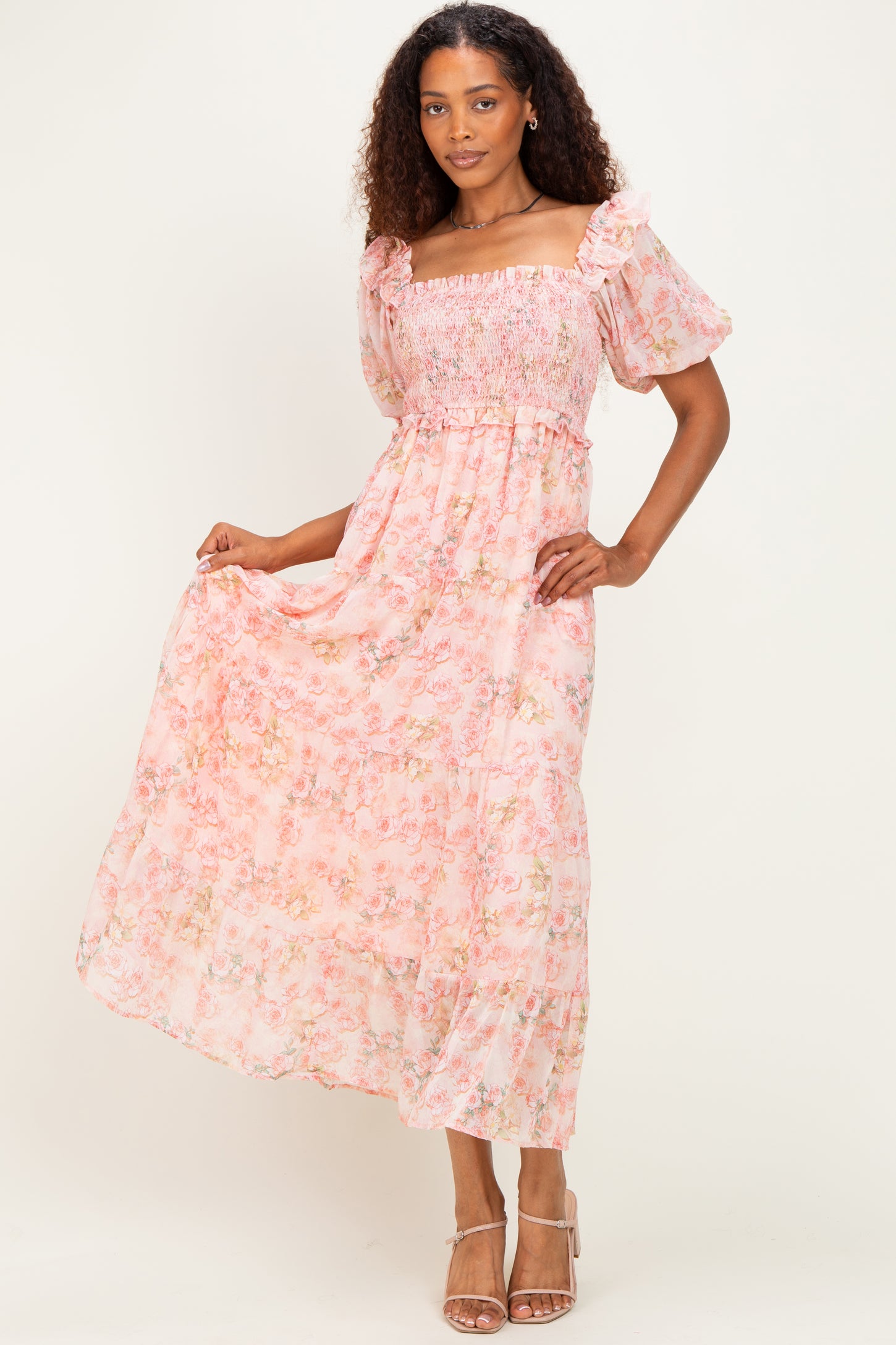 Pink Floral Chiffon Smocked Maternity Maxi Dress – PinkBlush