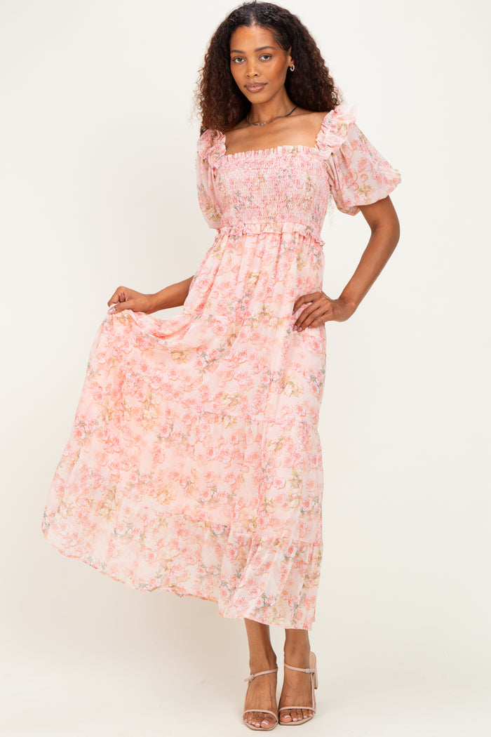 Pink Floral Chiffon Smocked Maternity Maxi Dress