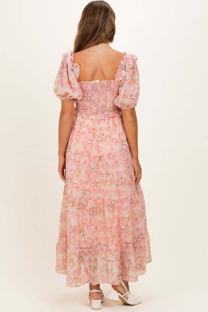 Pink Floral Chiffon Smocked Maternity Maxi Dress