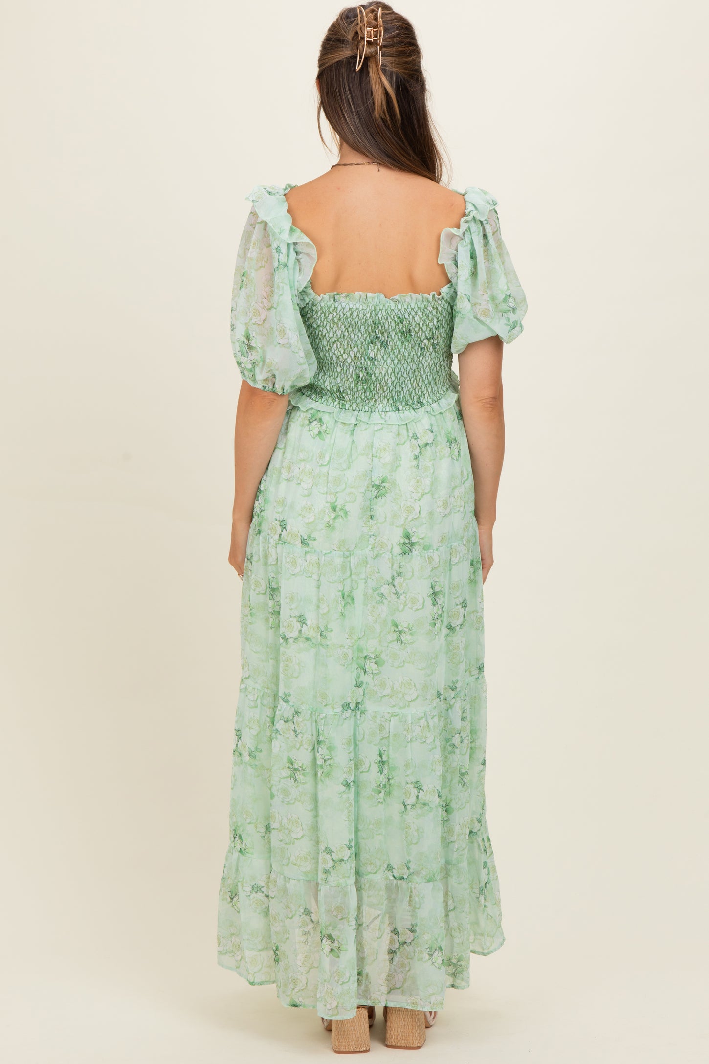 Mint Floral Chiffon Smocked Maternity Maxi Dress