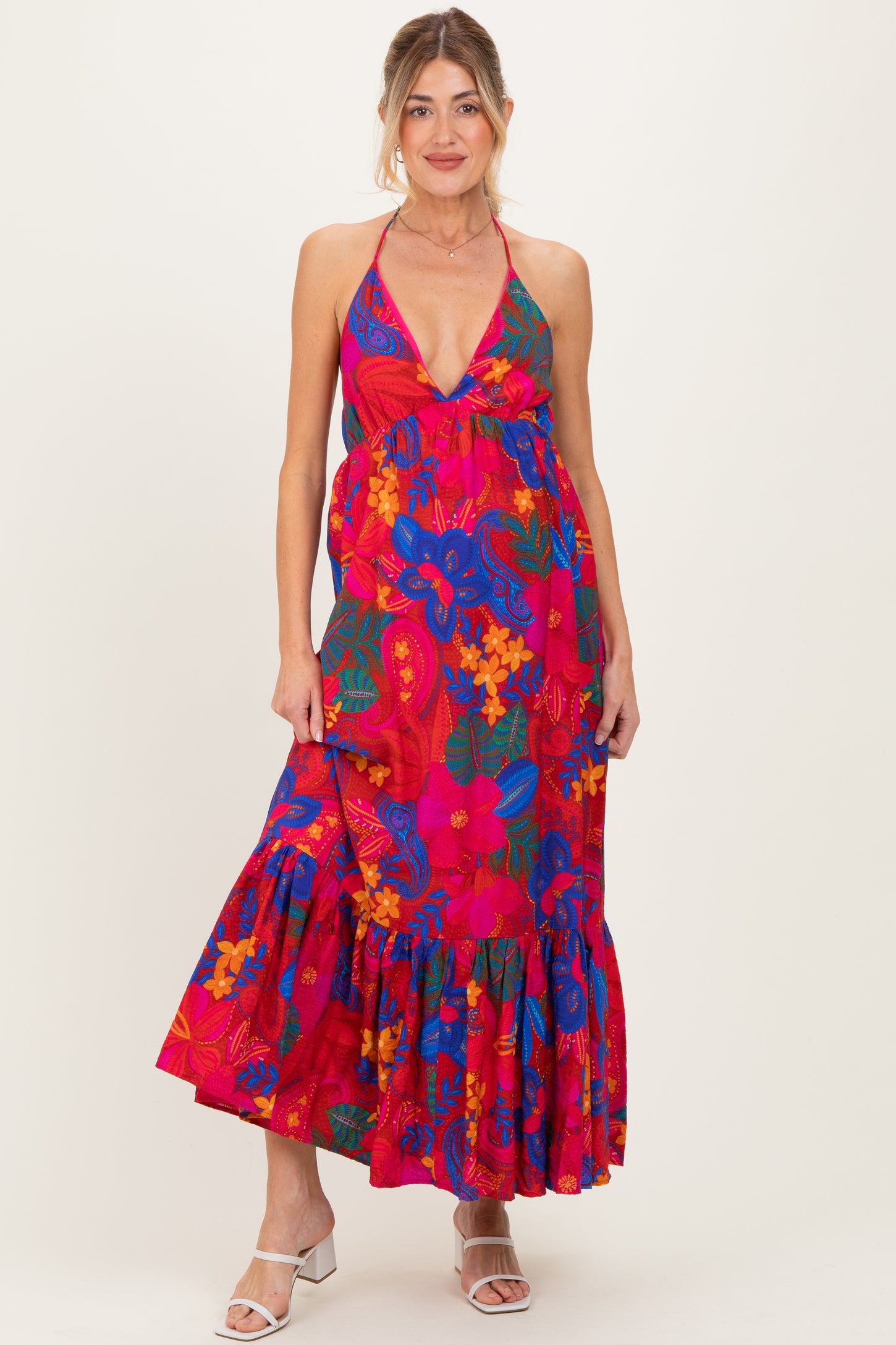 Red Floral Halter V-Neck Maternity Maxi Dress