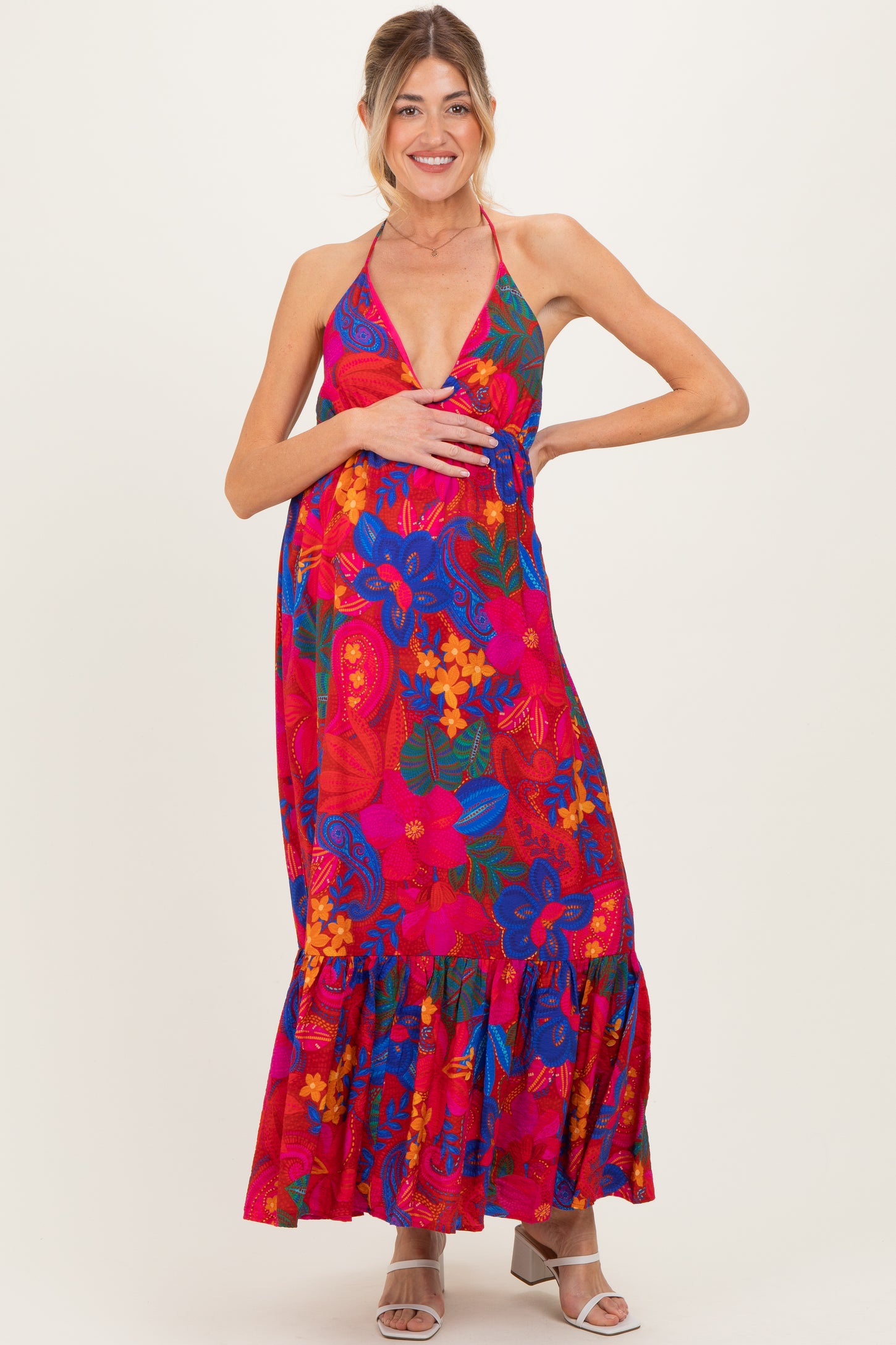 Red Floral Halter V-Neck Maternity Maxi Dress