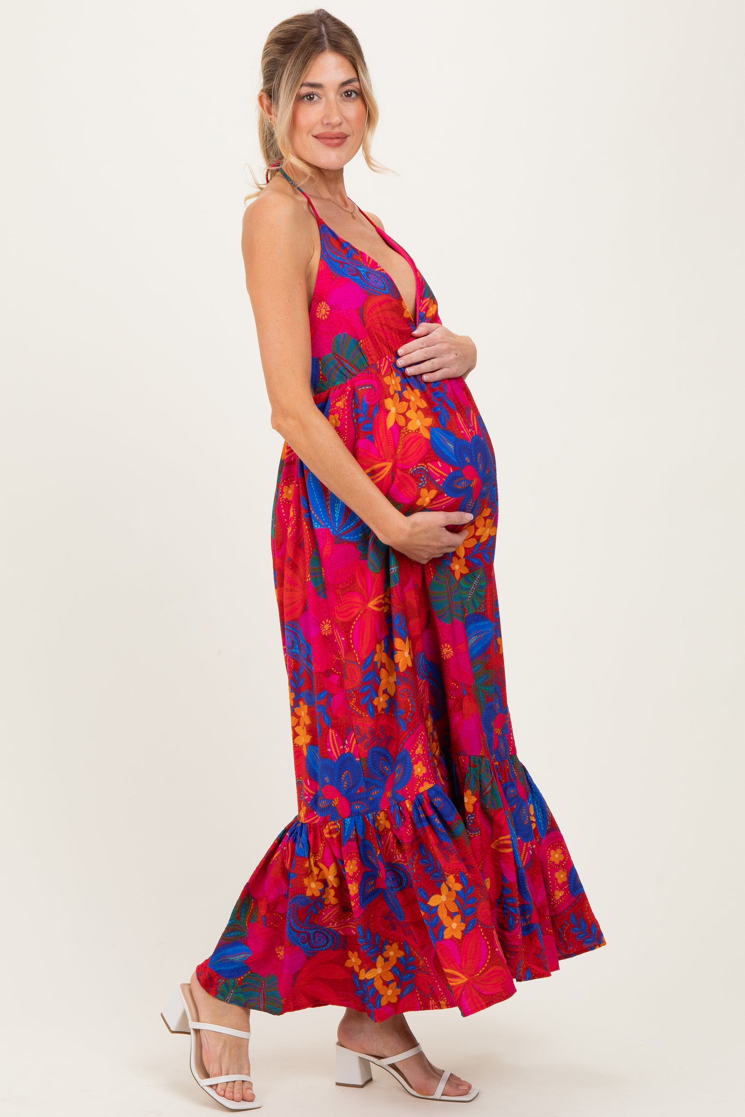 Red Floral Halter V-Neck Maternity Maxi Dress