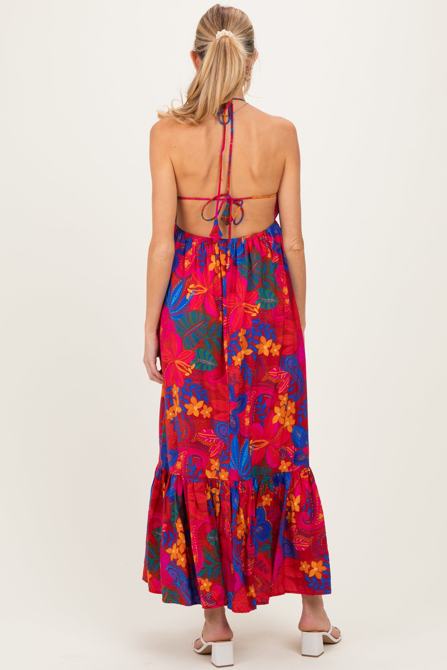 Red Floral Halter V-Neck Maternity Maxi Dress