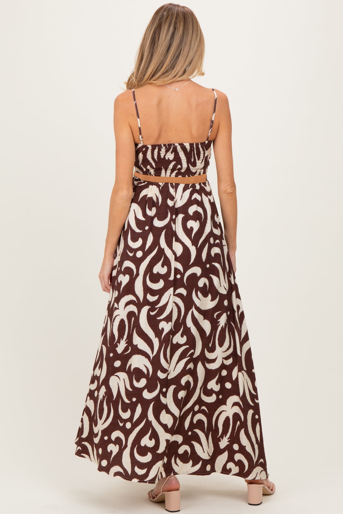 Chocolate Printed Cutout Sleeveless Maternity Maxi Dress