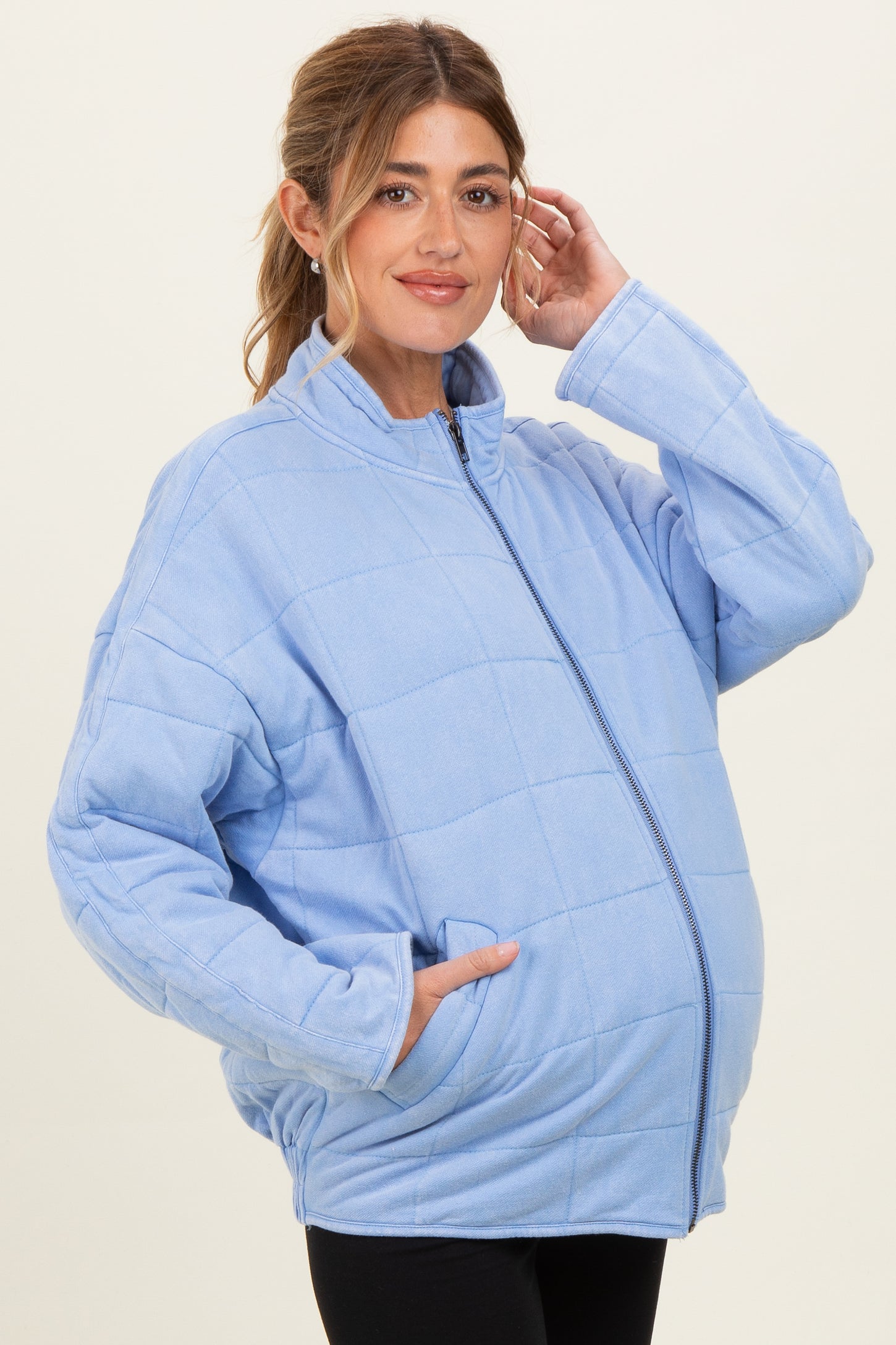 Sky Blue Oversized Quilted Maternity Jacket