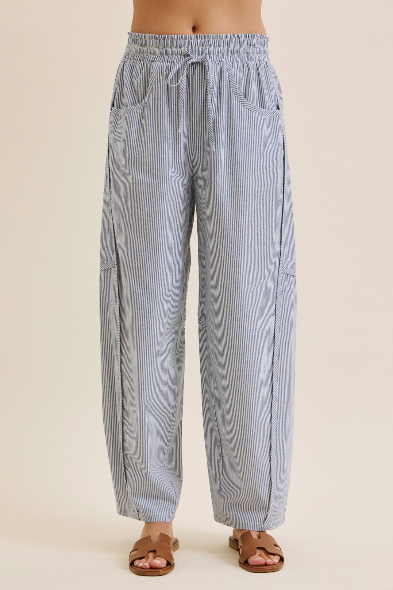 Ocean Blue Striped Cotton Barrel Leg Maternity Pants