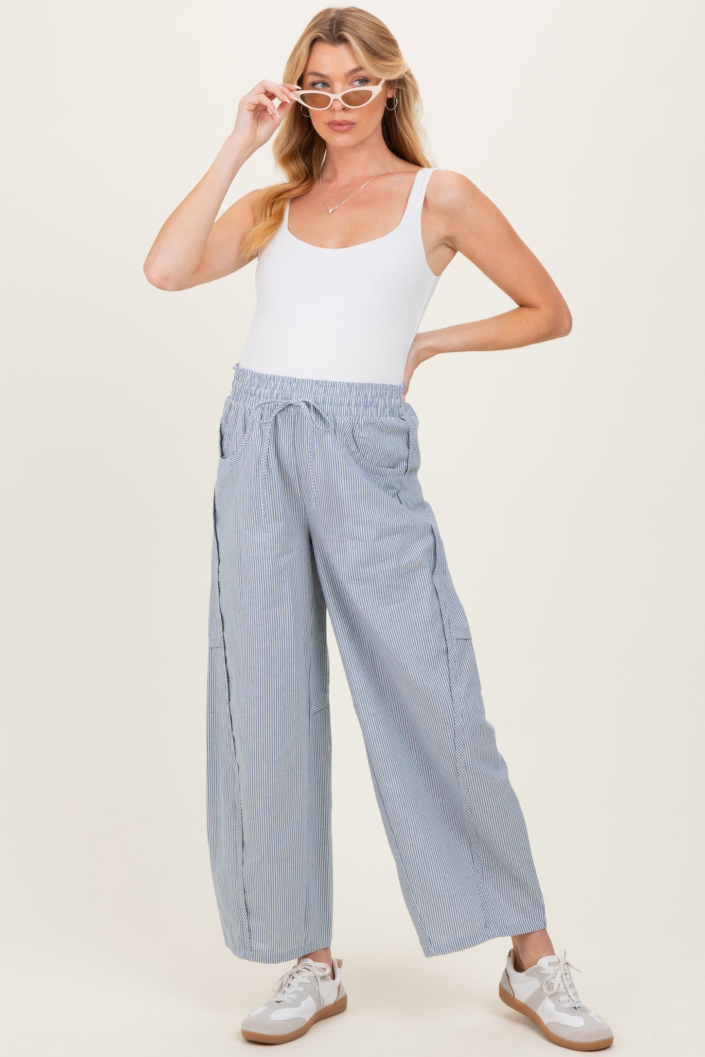 Ocean Blue Striped Cotton Barrel Leg Maternity Pants