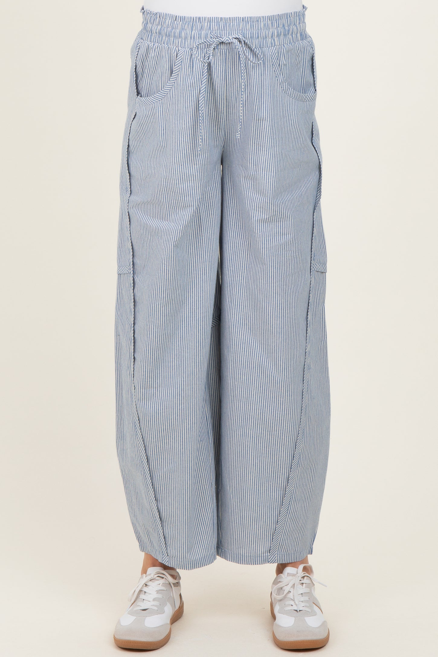 Ocean Blue Striped Cotton Barrel Leg Maternity Pants