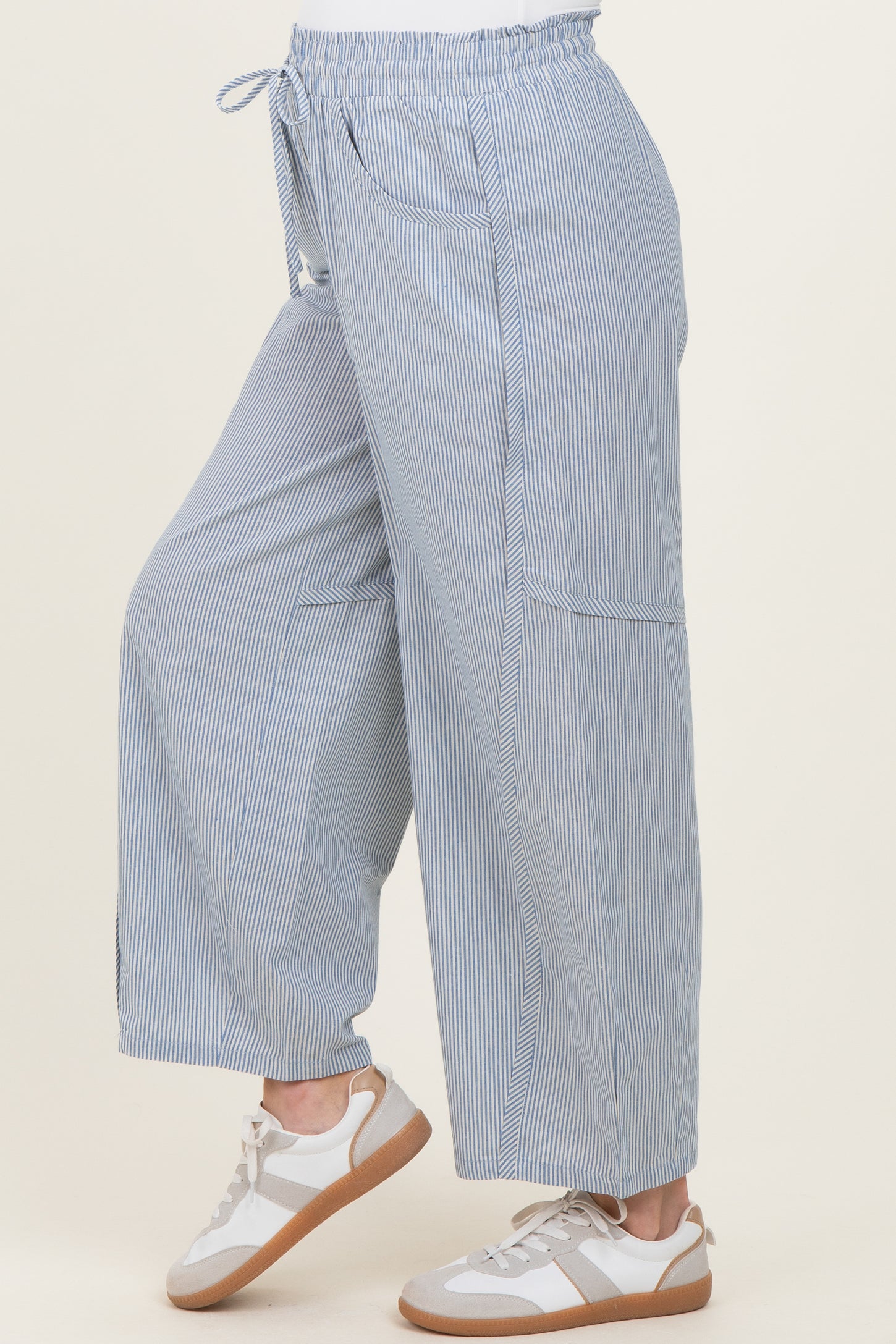 Ocean Blue Striped Cotton Barrel Leg Maternity Pants