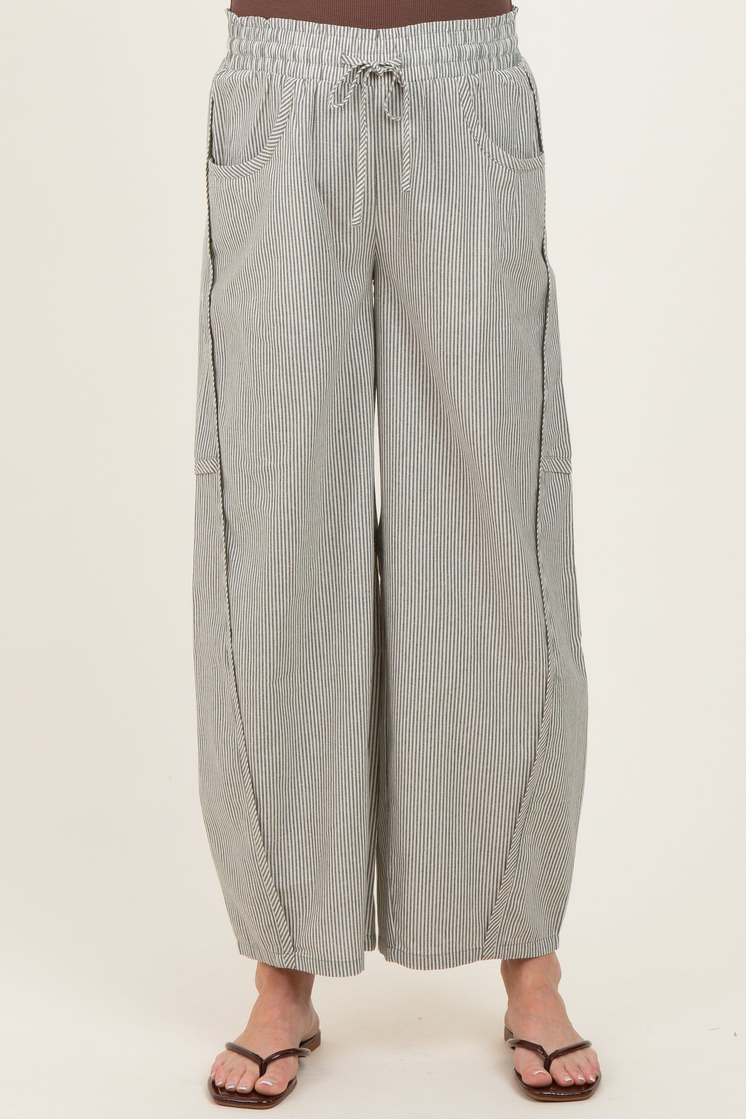 Olive Green Striped Cotton Barrel Leg Maternity Pants