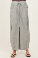 Olive Green Striped Cotton Barrel Leg Maternity Pants