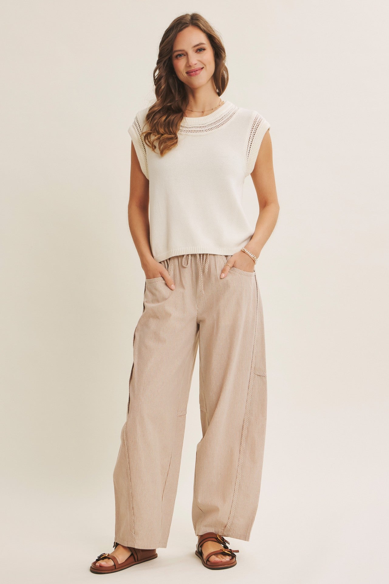Camel Striped Cotton Barrel Leg Pants