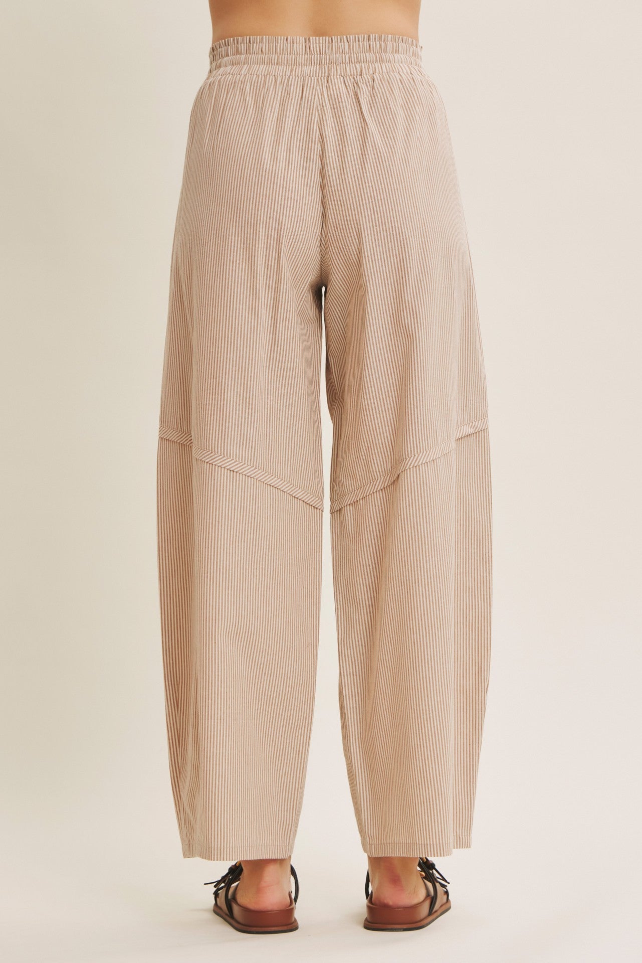 Camel Striped Cotton Barrel Leg Pants