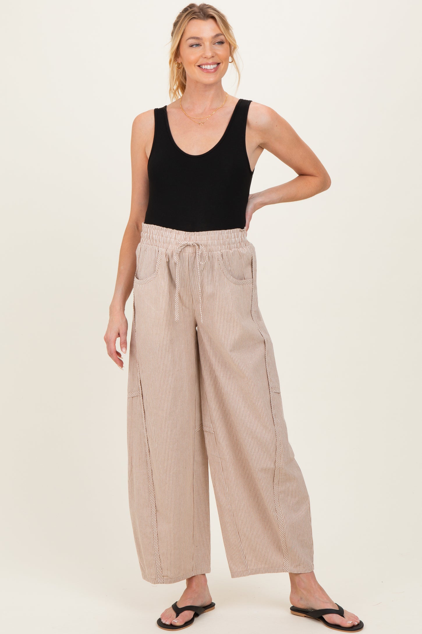 Camel Striped Cotton Barrel Leg Maternity Pants