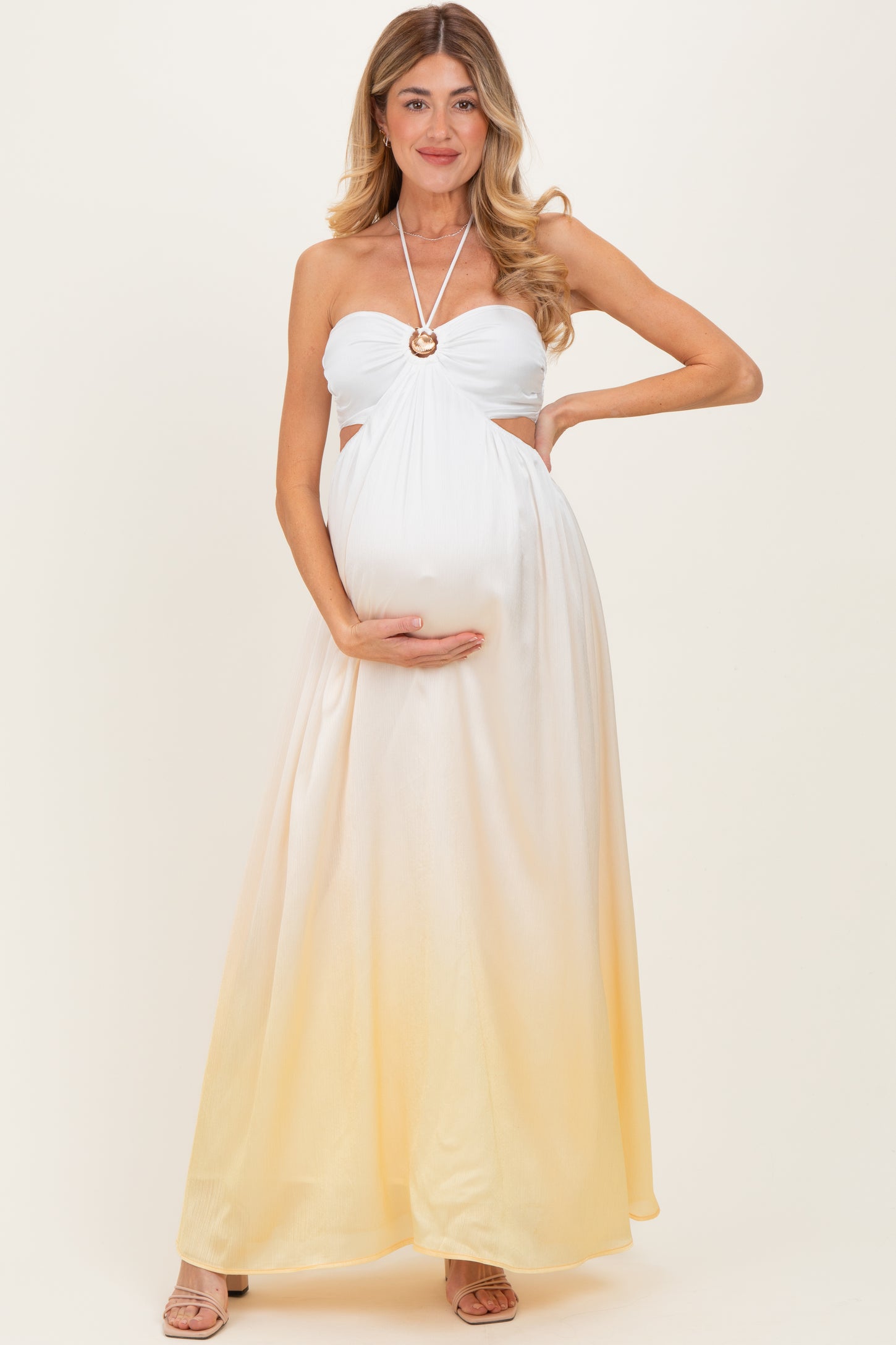 Yellow Ombre Satin Halter Cutout Maternity Maxi Dress