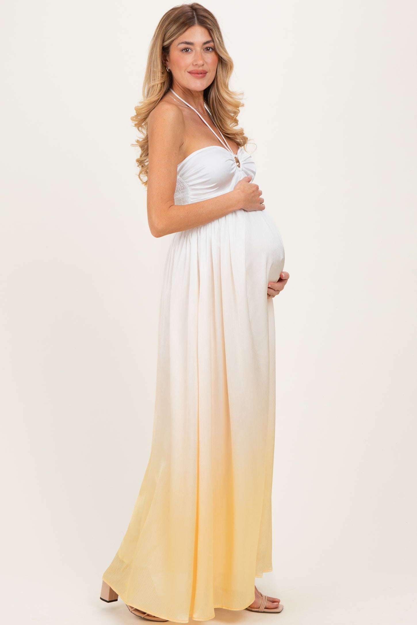 yellow maternity dress Yellow Ombre Satin Halter Cutout Maternity Maxi Dress