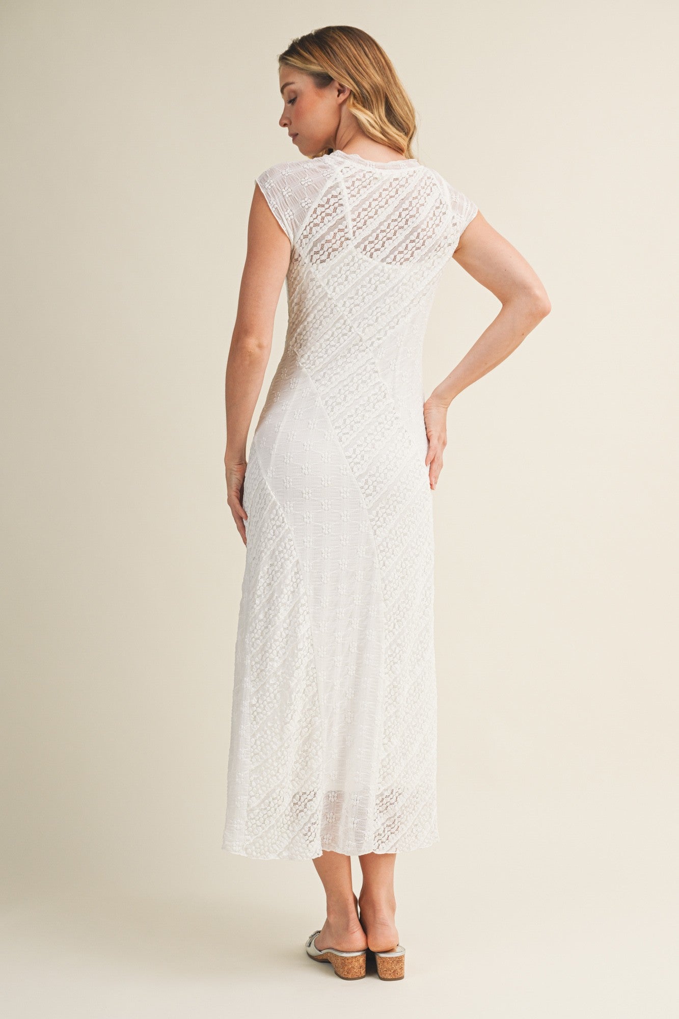 White Cap Sleeve Mixed Lace Dress