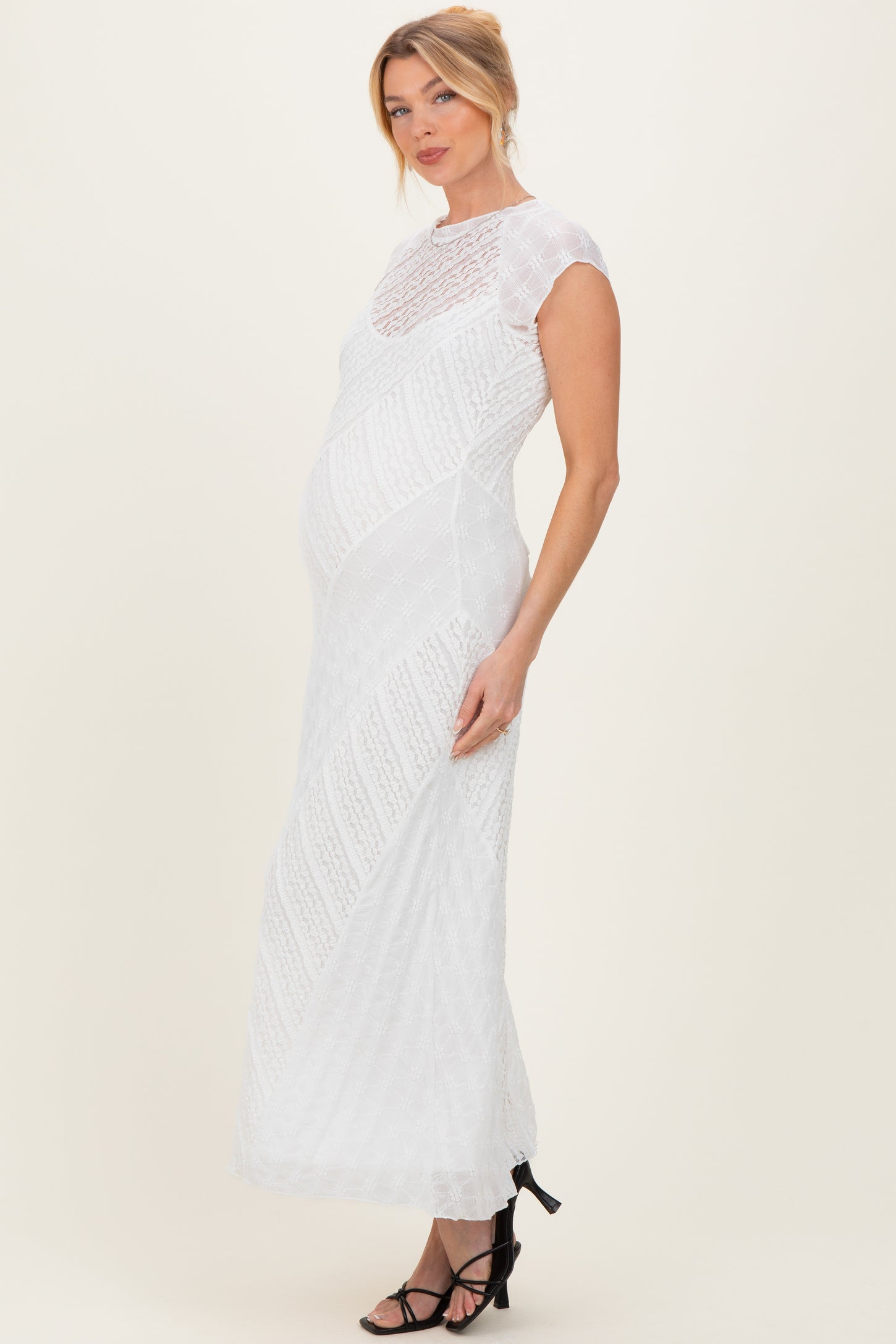 White Mixed Lace Overlay Maternity Midi Dress