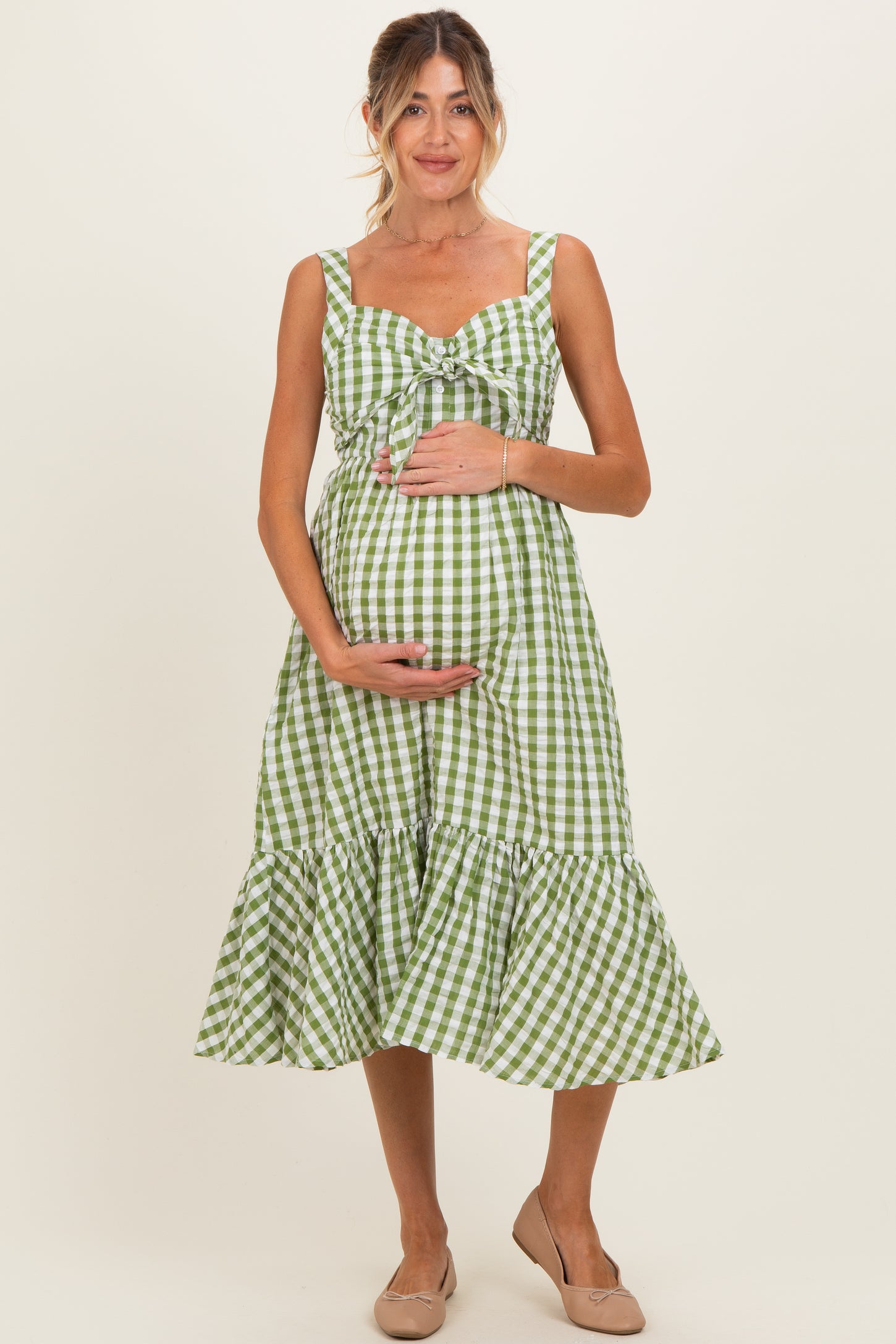 Green Gingham Front Tie Halter Maternity Midi Dress Green Gingham Front Tie Halter Maternity Midi Dress