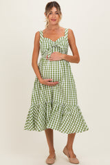 Green Gingham Front Tie Halter Maternity Midi Dress Green Gingham Front Tie Halter Maternity Midi Dress