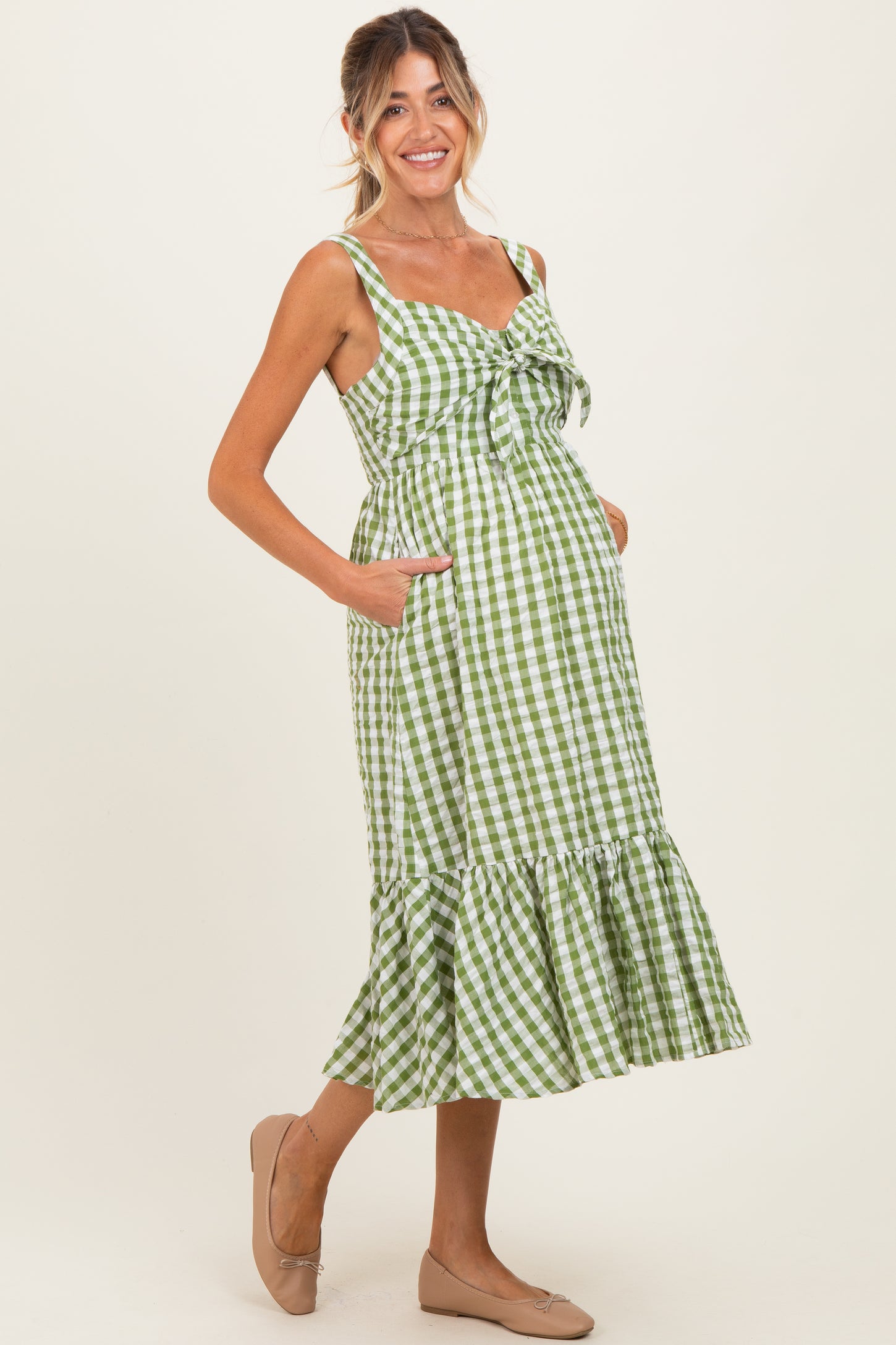 Green Gingham Front Tie Halter Maternity Midi Dress Green Gingham Front Tie Halter Maternity Midi Dress