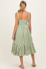 Green Gingham Front Tie Halter Maternity Midi Dress