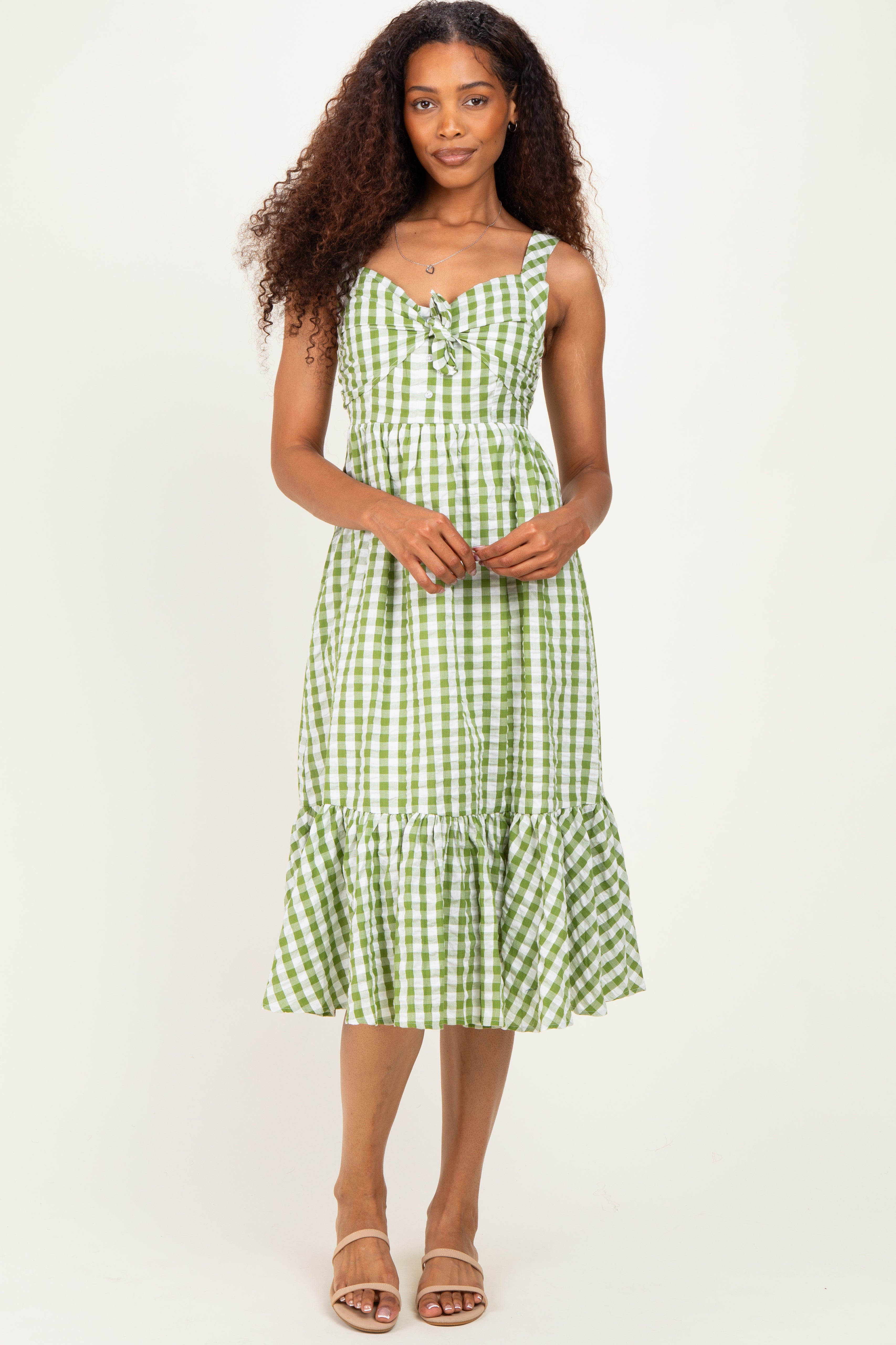 green and white gingham dress Front Tie Halter Maternity Midi – PinkBlush Color:Color C red and green plaid Rust Bridesmaid Dresses Features a playful gingham