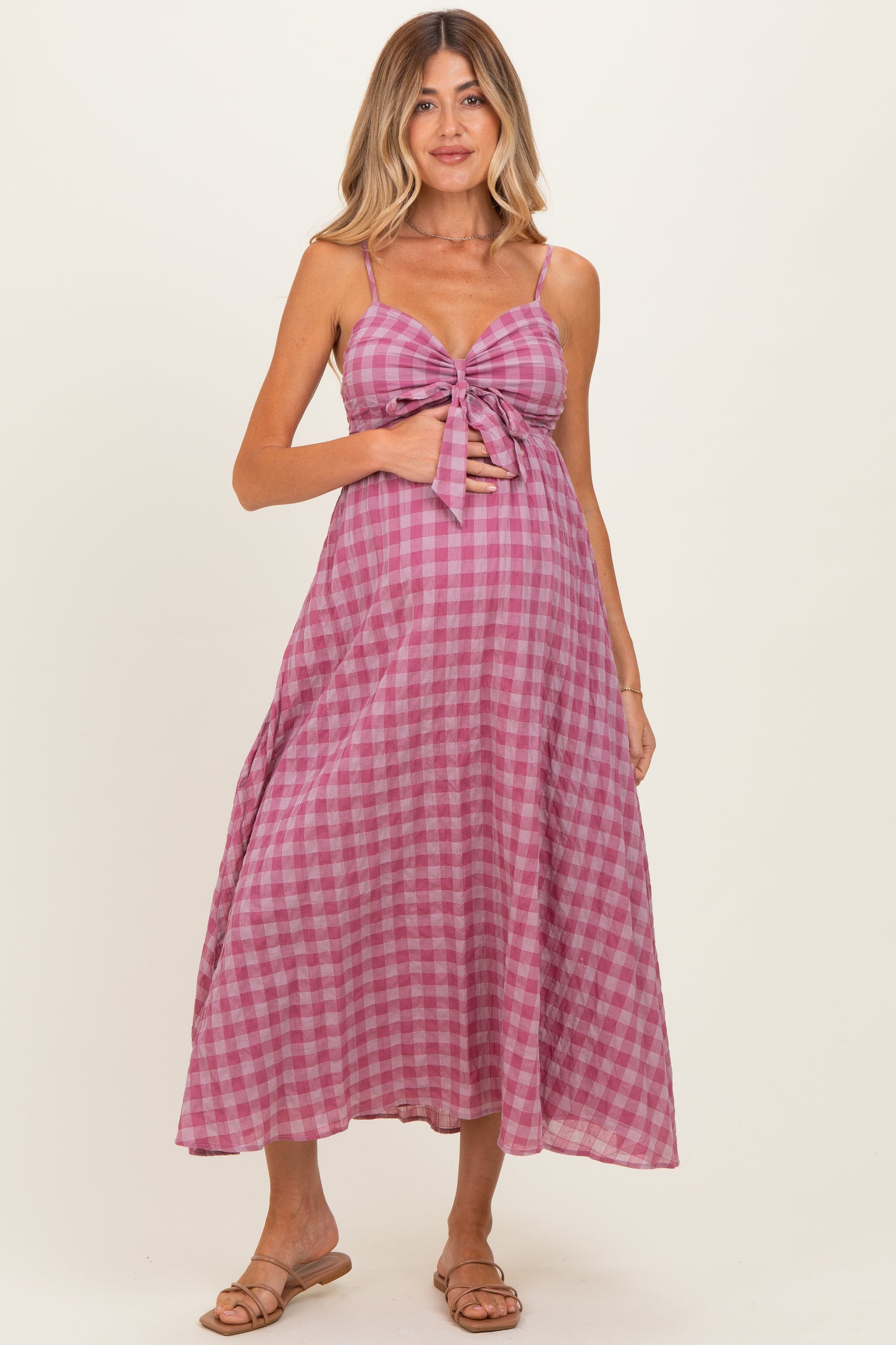 Pink Plaid Front Tie Sleeveless Maternity Maxi Dress