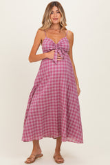 Pink Plaid Front Tie Sleeveless Maternity Maxi Dress