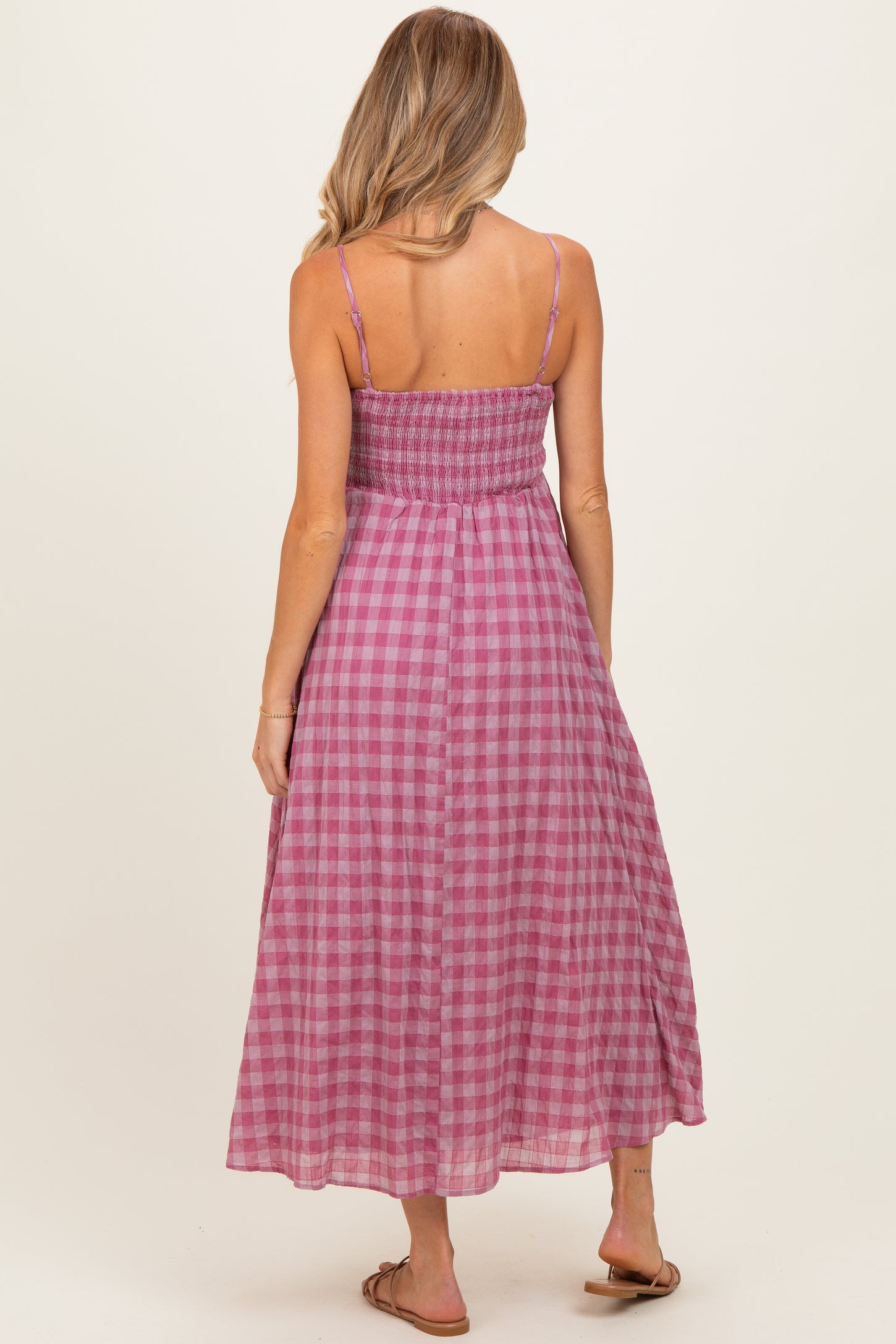 Pink Plaid Front Tie Sleeveless Maternity Maxi Dress