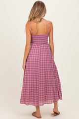 Pink Plaid Front Tie Sleeveless Maternity Maxi Dress