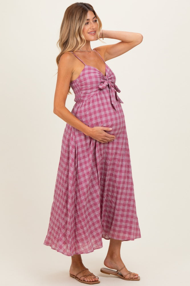 pink plaid maternity dress Pink Plaid Front Tie Sleeveless Maternity Maxi Dress