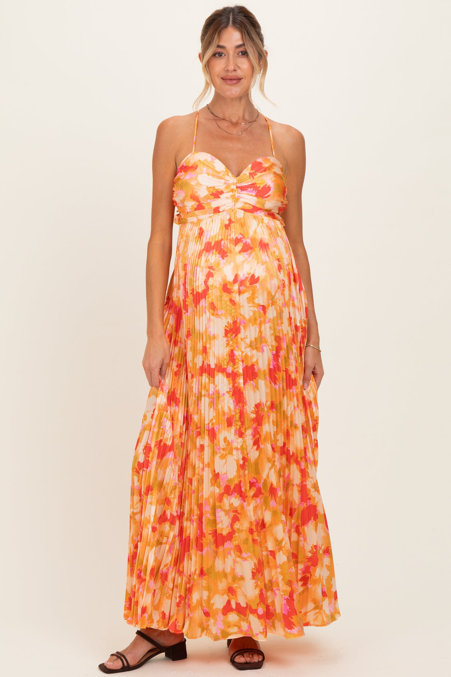 Orange Floral Pleated Sleeveless Maternity Maxi Dress
