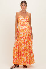Orange Floral Pleated Sleeveless Maternity Maxi Dress