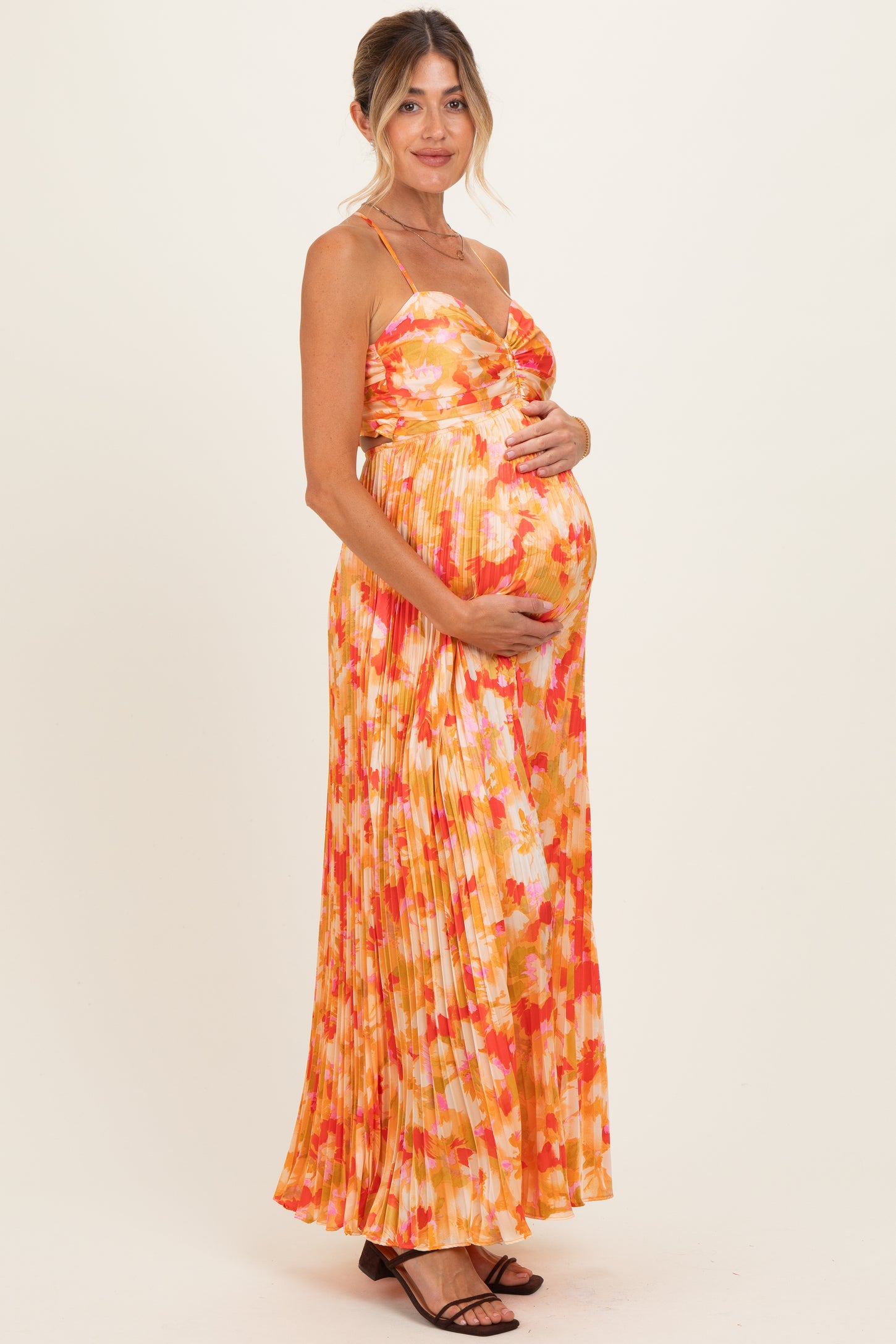 Orange Floral Pleated Sleeveless Maternity Maxi Dress – PinkBlush